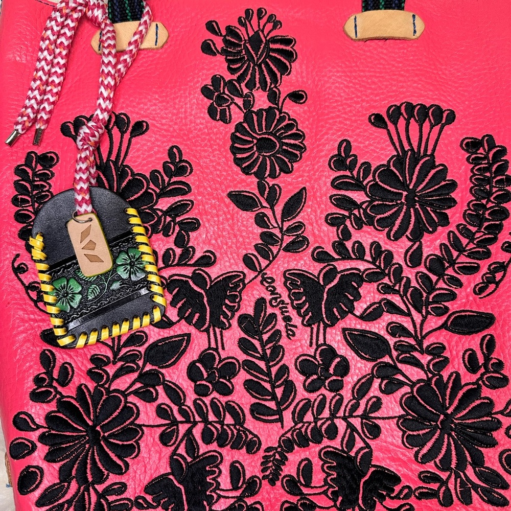 Stylish Hot Pink Floral Tote Bag with Black Embroidery - Picture 3 of 11
